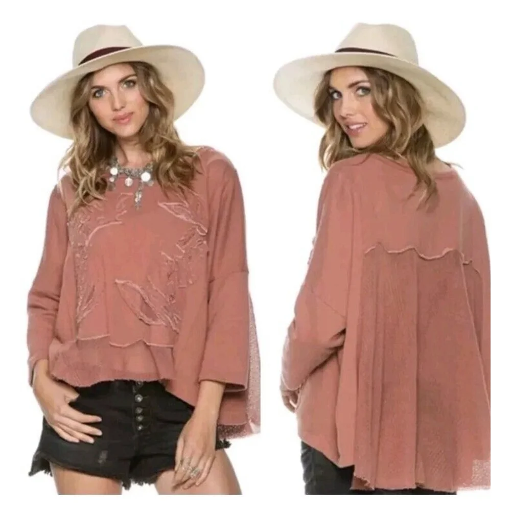 Free People‎ Rainforest French Terry Pullover Mauve Embroidered Oversized EUC XS